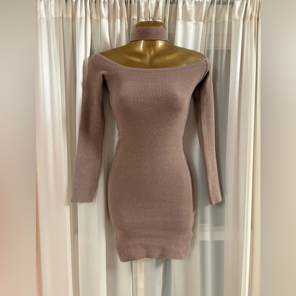 Chic Brown Off-Shoulder Long Sleeve Dress